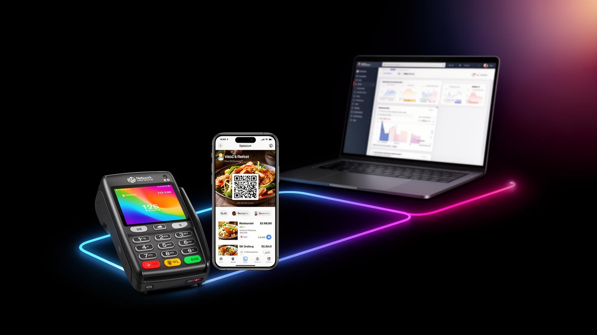 TapReserve.Ai ecosystem — EDC terminal, QR ordering phone, and POS dashboard connected by a gradient flow